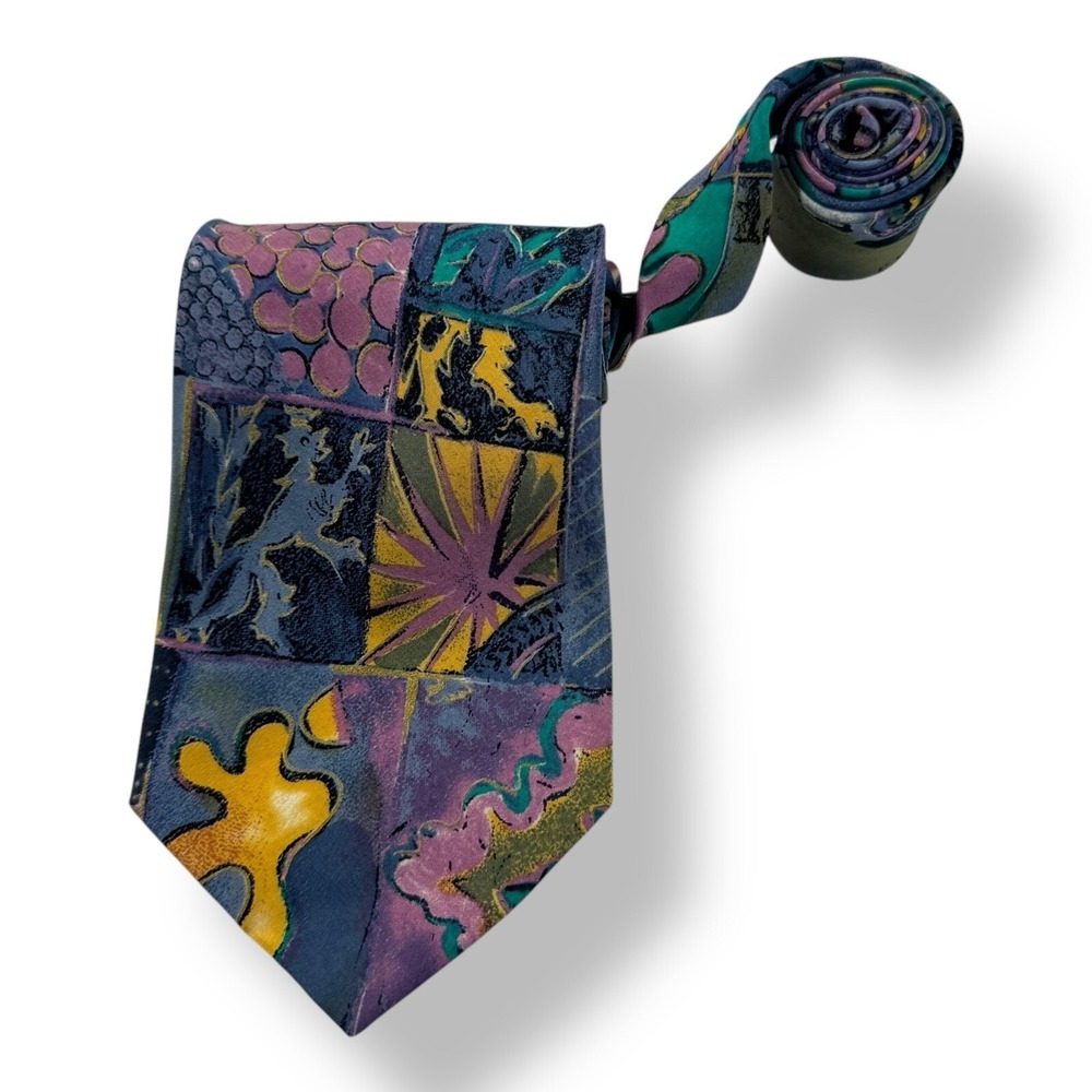 Unbranded Hand Made in Italy 100% Silk Tie Blue Purple Yellow Abstract 3.75"x57"